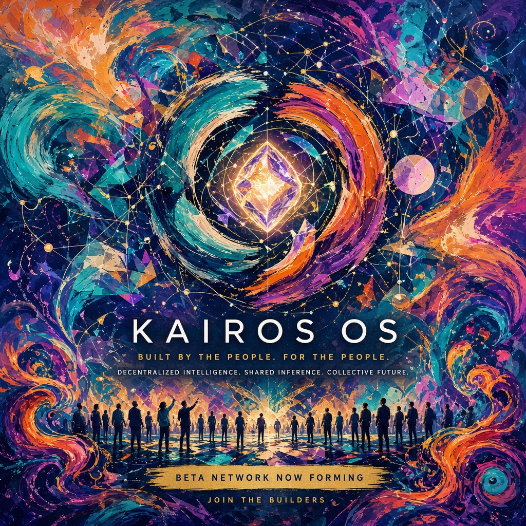 KairosOS community poster: a luminous geometric core within teal, violet and gold swirls above a gathering of people. Built by the people. For the people. Decentralized intelligence, shared inference, collective future. Beta network now forming. Join the builders.